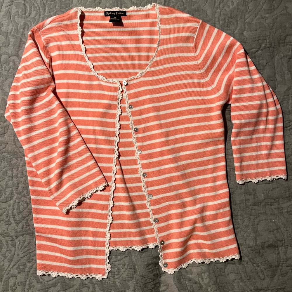 Peachy coral and white strip cardigan with crochet lace detail